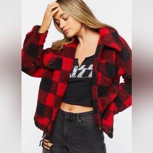 Plaid faux shearling coat small forever21 fuzzy coat button up collared flannel